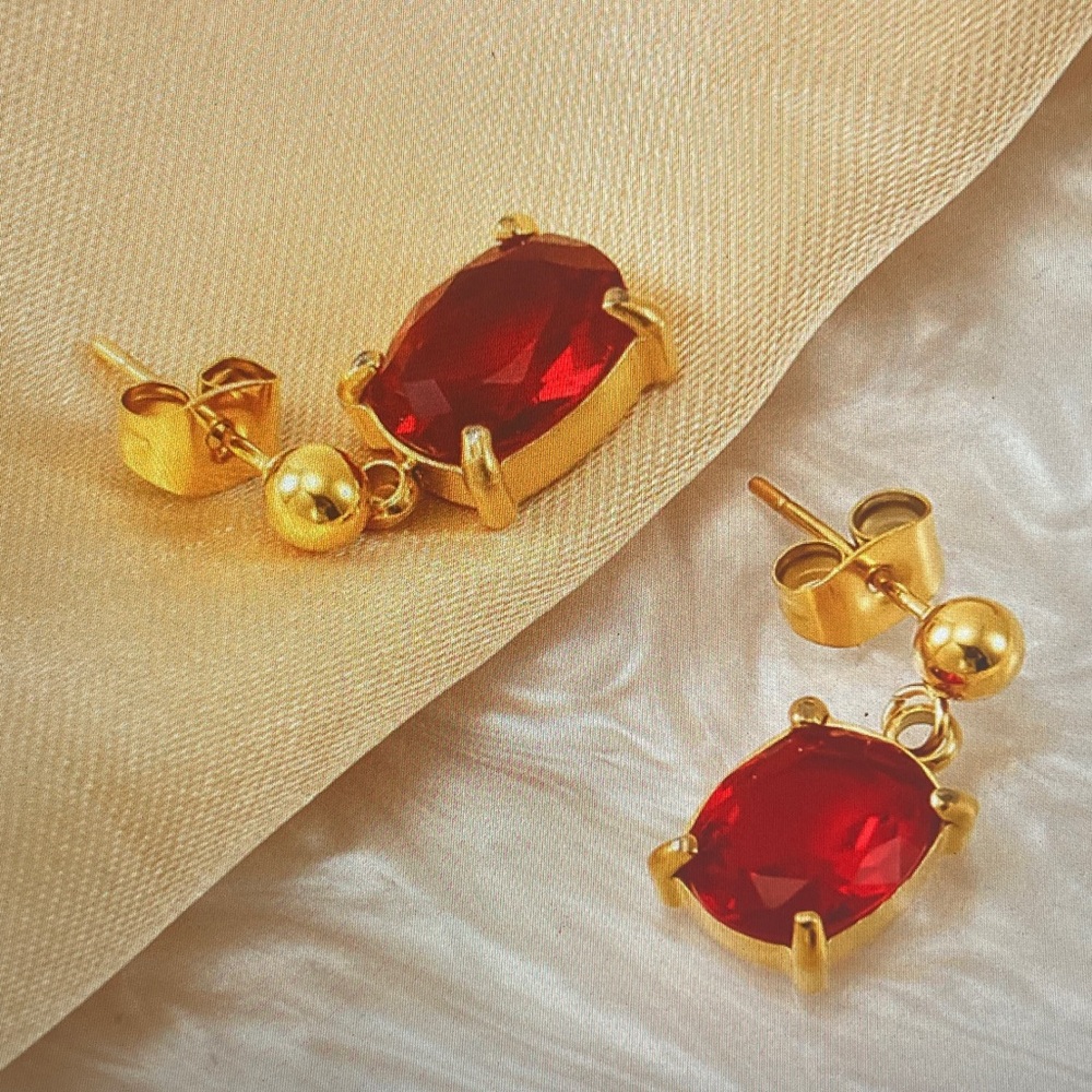 Gold-Plated Red Crystal Drop Stud Earrings - Unbranded